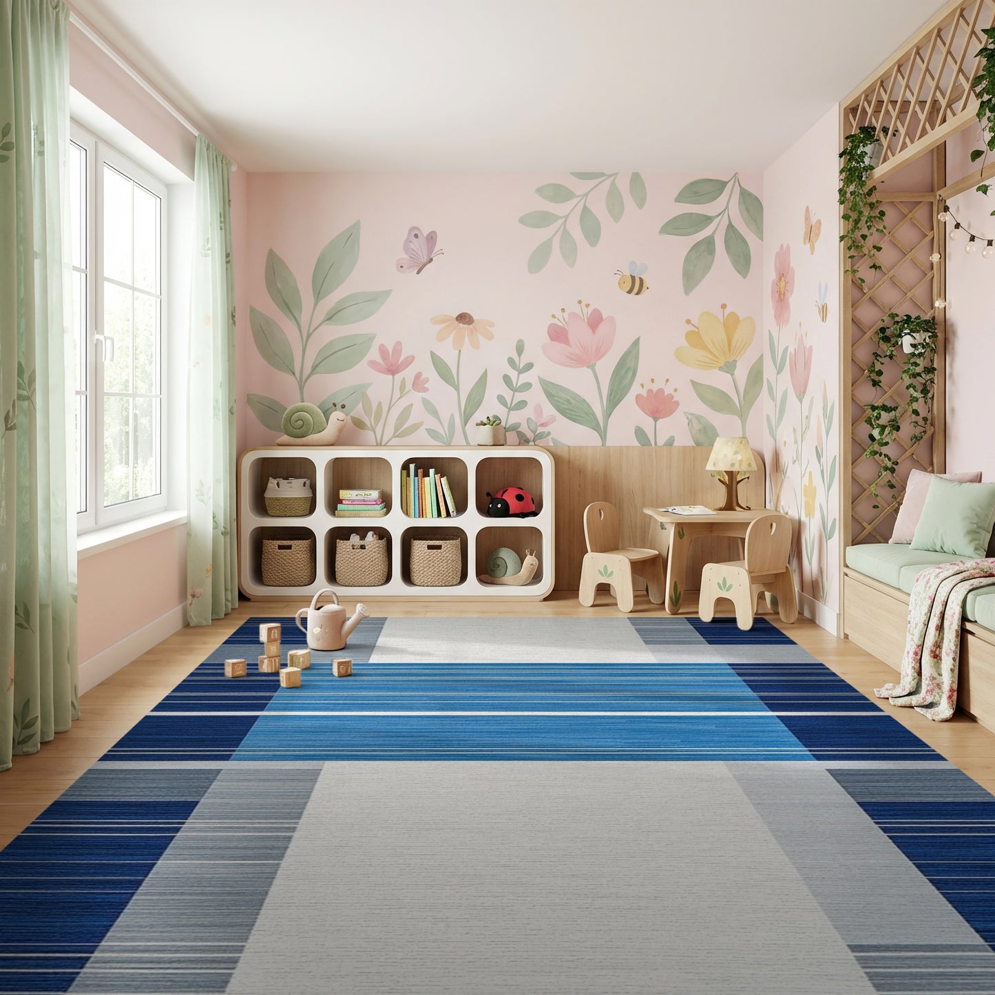 Modern Navy Gray Striped Geometric Rug