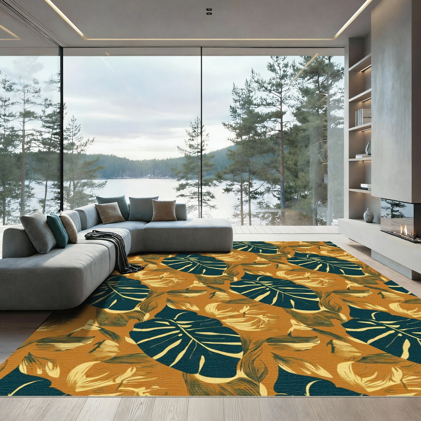 Exotic Teal Leaf Tropical Pattern Rug