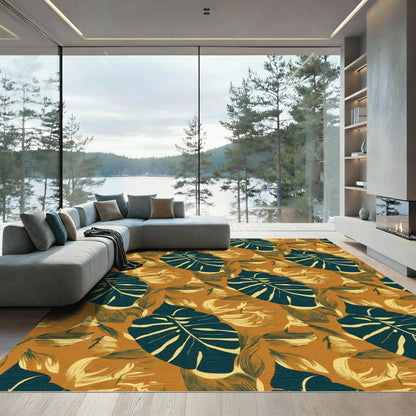 Exotic Teal Leaf Tropical Pattern Rug