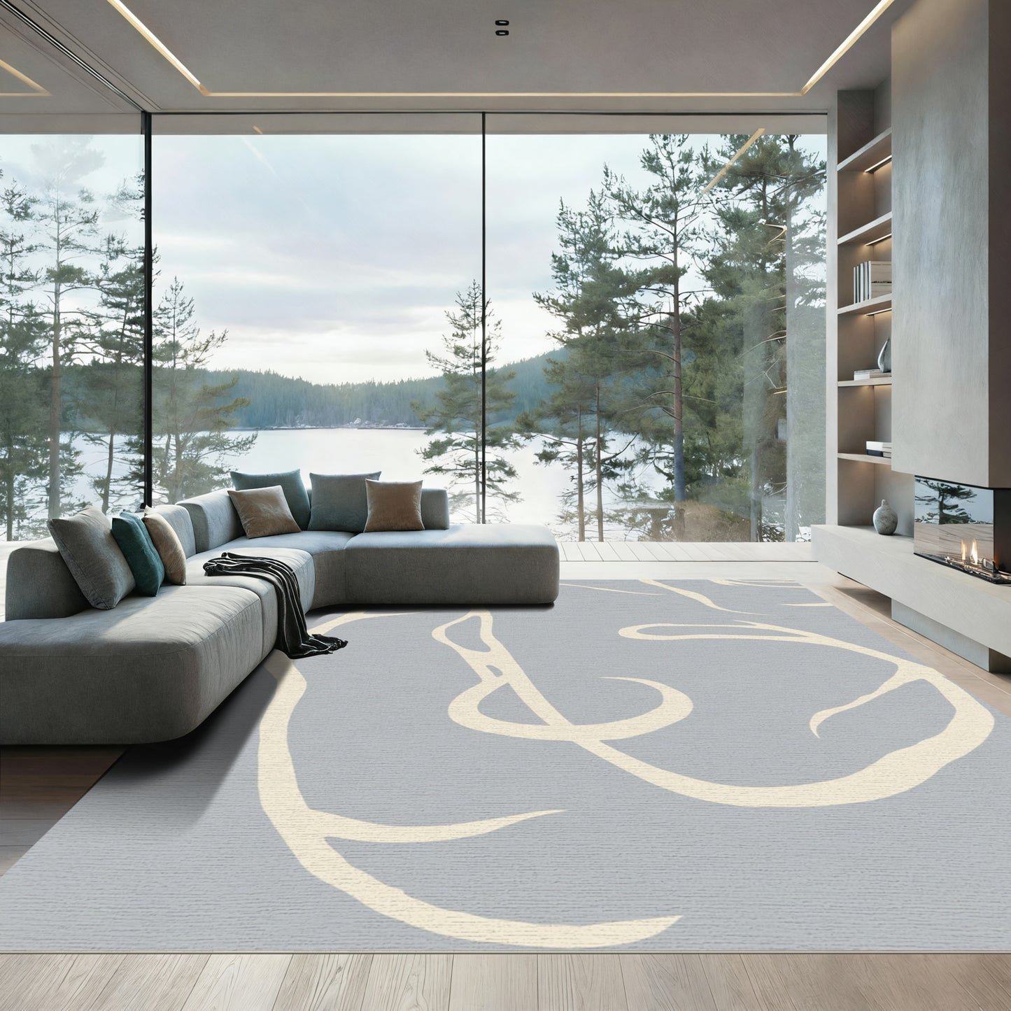Soft Ivory Abstract Branches Gray Rug