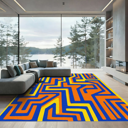 Bold Orange Blue Yellow Geometric Labyrinth Rug