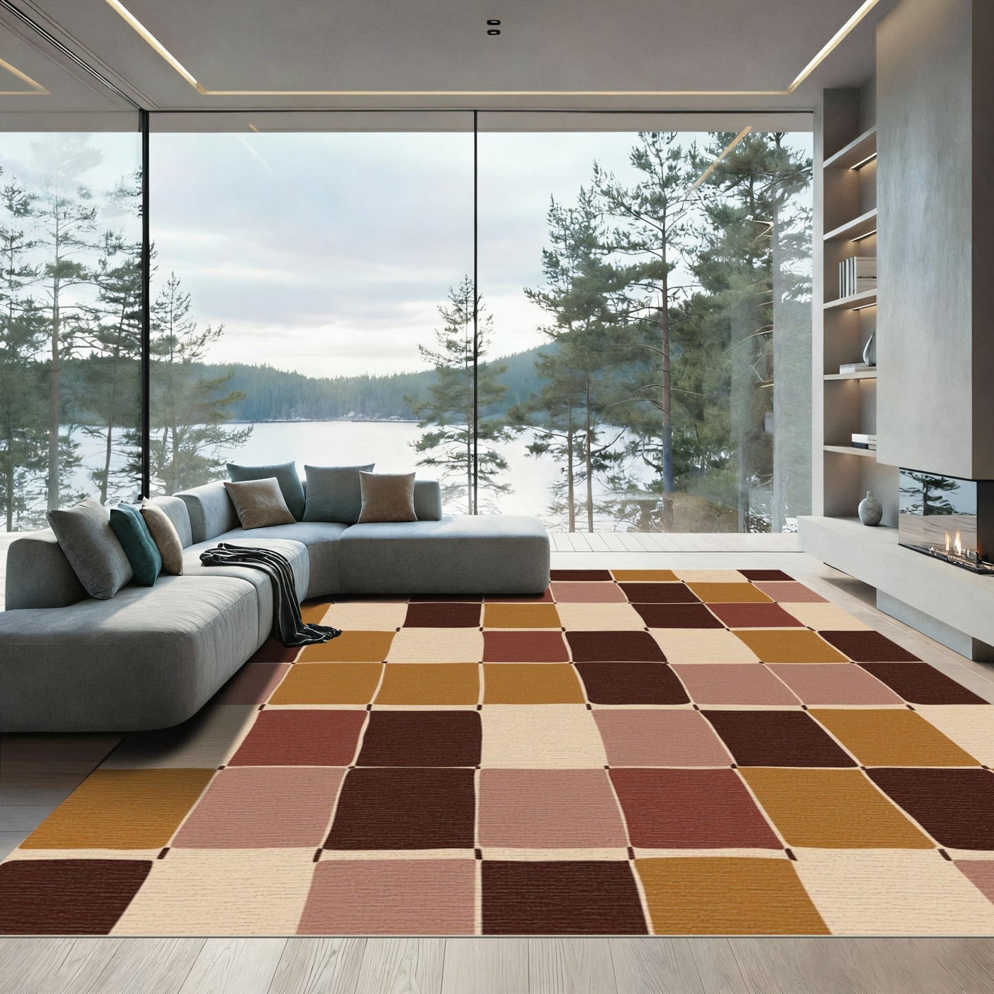 Retro Terracotta Checkerboard Squares Rug