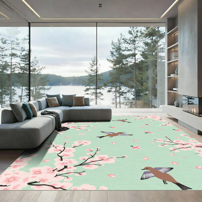 Light Green Pink Blossom Bird Collection Rug