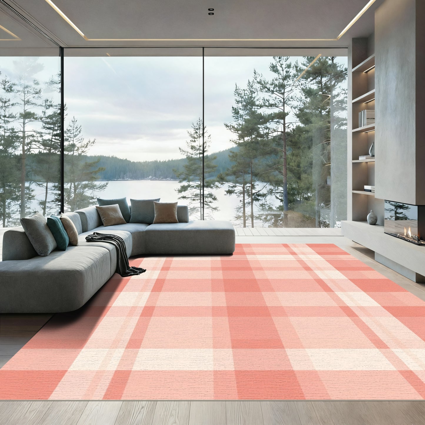Coral Pink Plaid Seamless Grid Rug