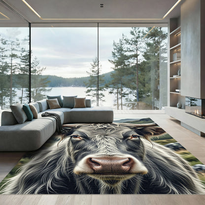 Majestic Highland Cow Charcoal Monochrome Portrait Rug