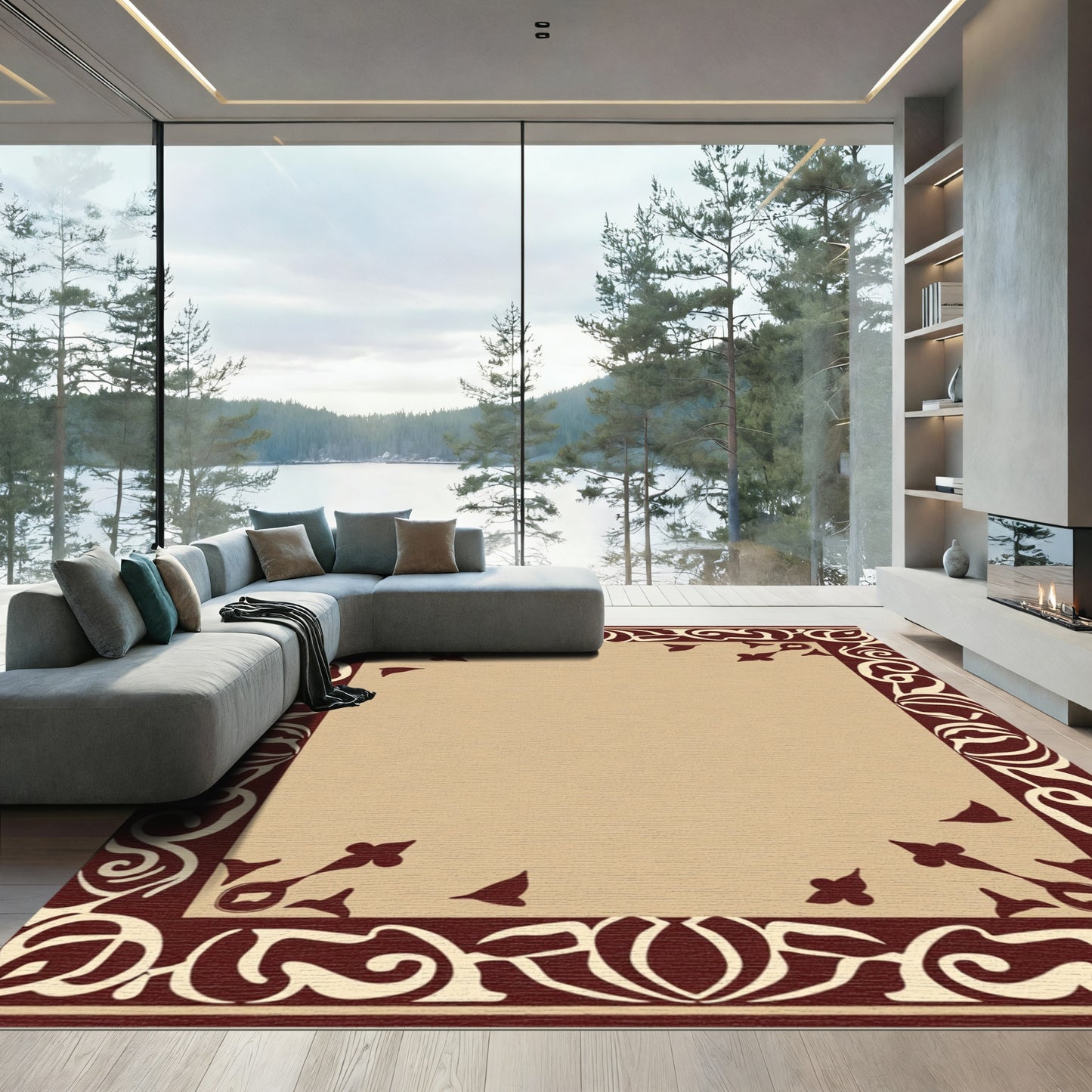 Ornate Crimson Floral Border Rug