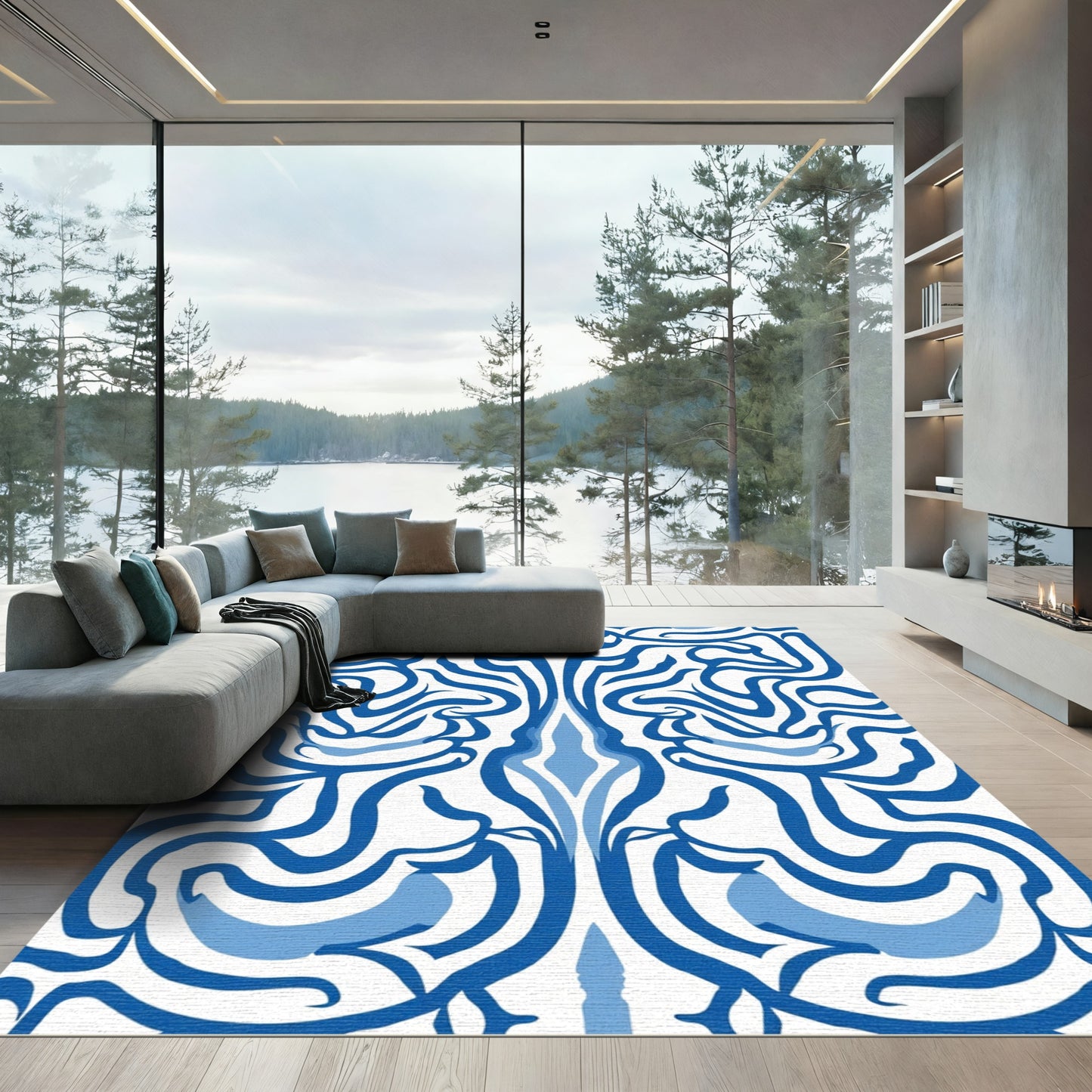 Vivid Blue Organic Symmetrical Pattern Rug