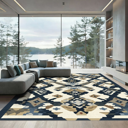 Abstract Geometric Tribal Cream Blue Rug