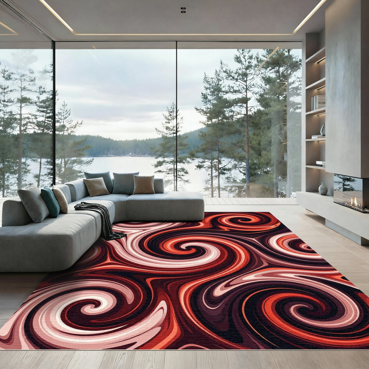 Fiery Red Swirl Abstract Composition Rug