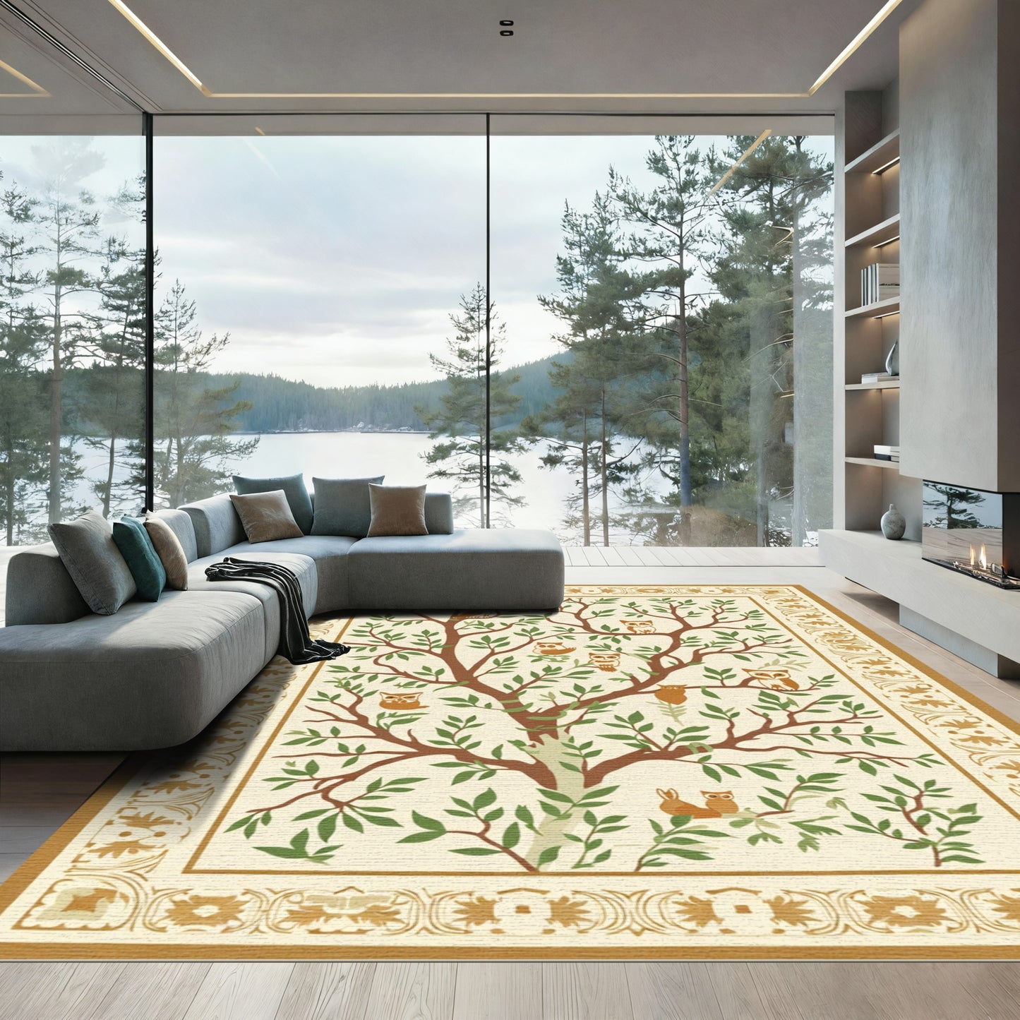 Whimsical Owl Tree Foliage Border Rug