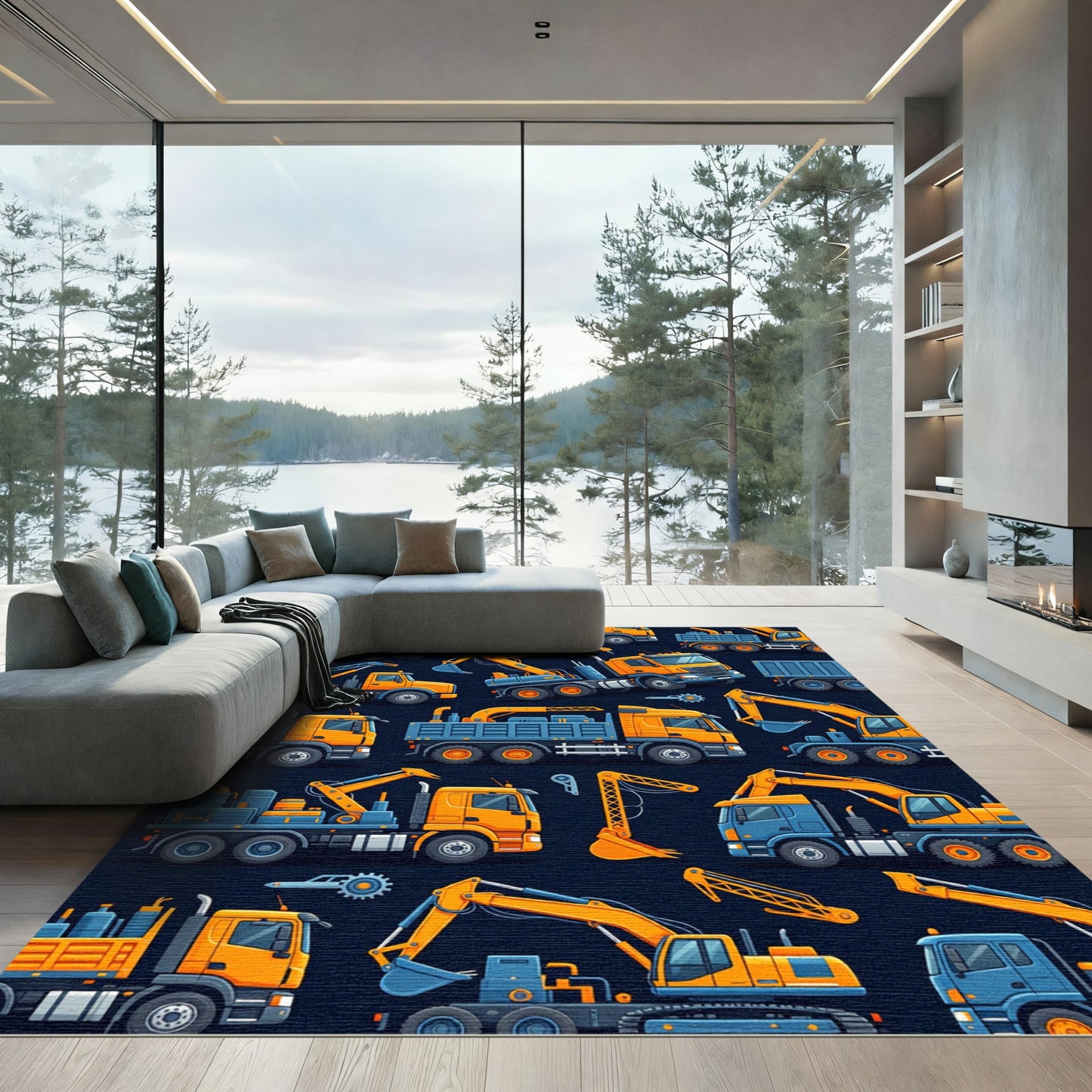 Orange Construction Vehicle Worksite Art Rug