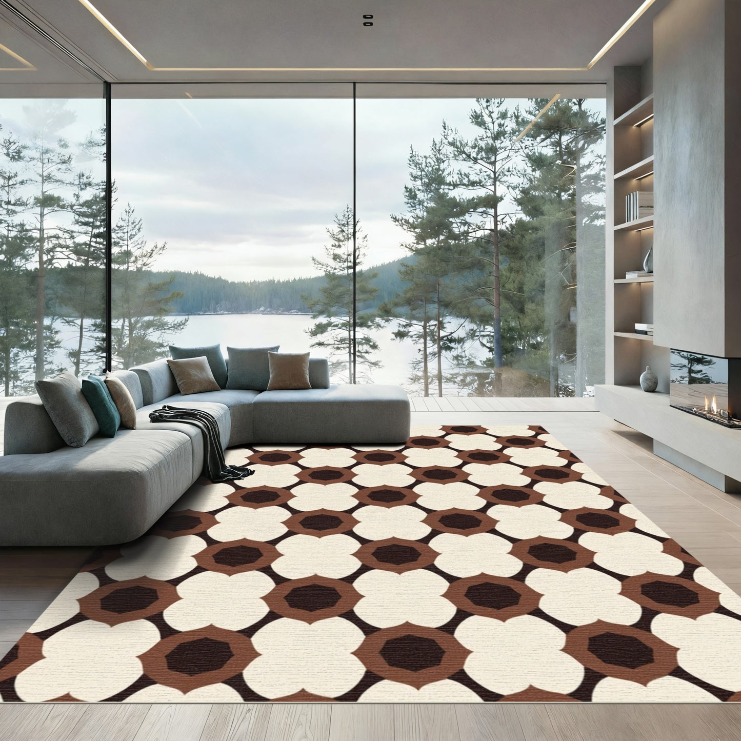 Retro Floral Geometric Brown Cream Rug