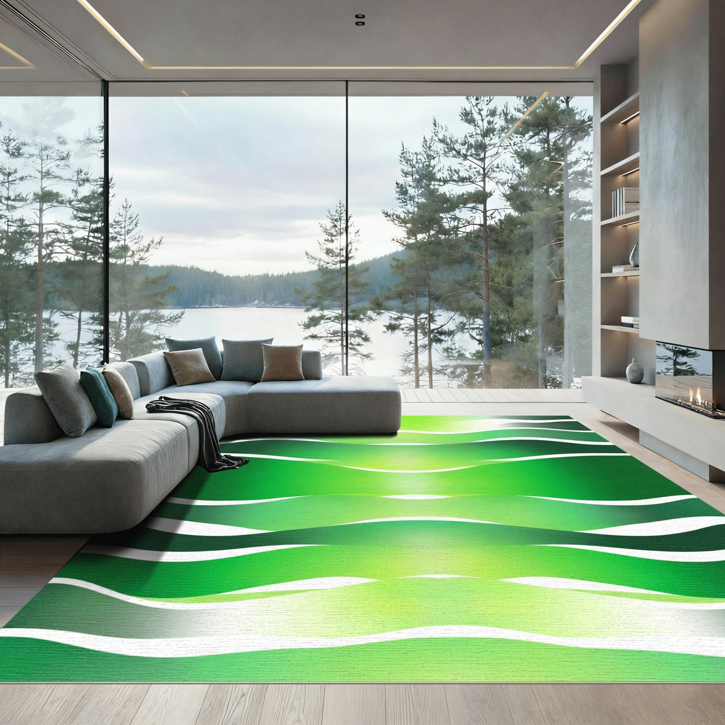 Gradient Green Abstract Horizontal Waves Rug