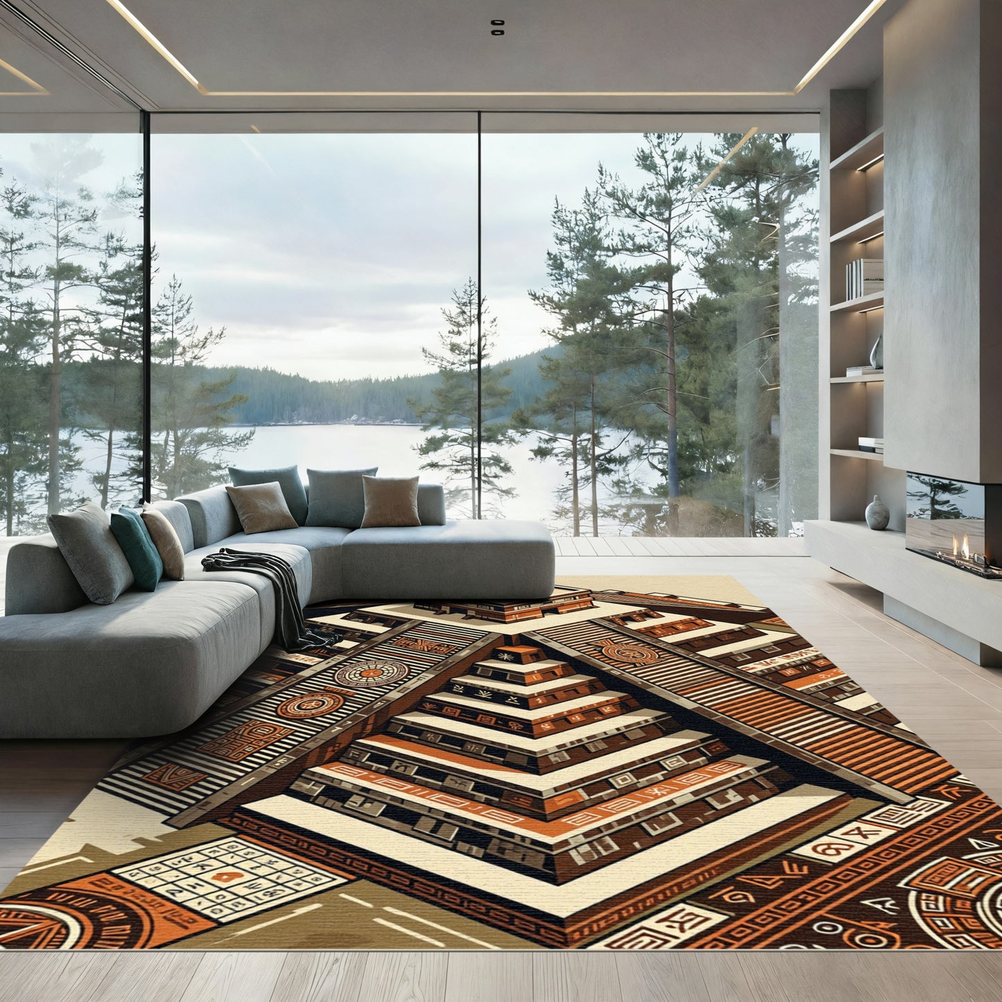 Aztec Terracotta Geometric Step Pyramid Rug