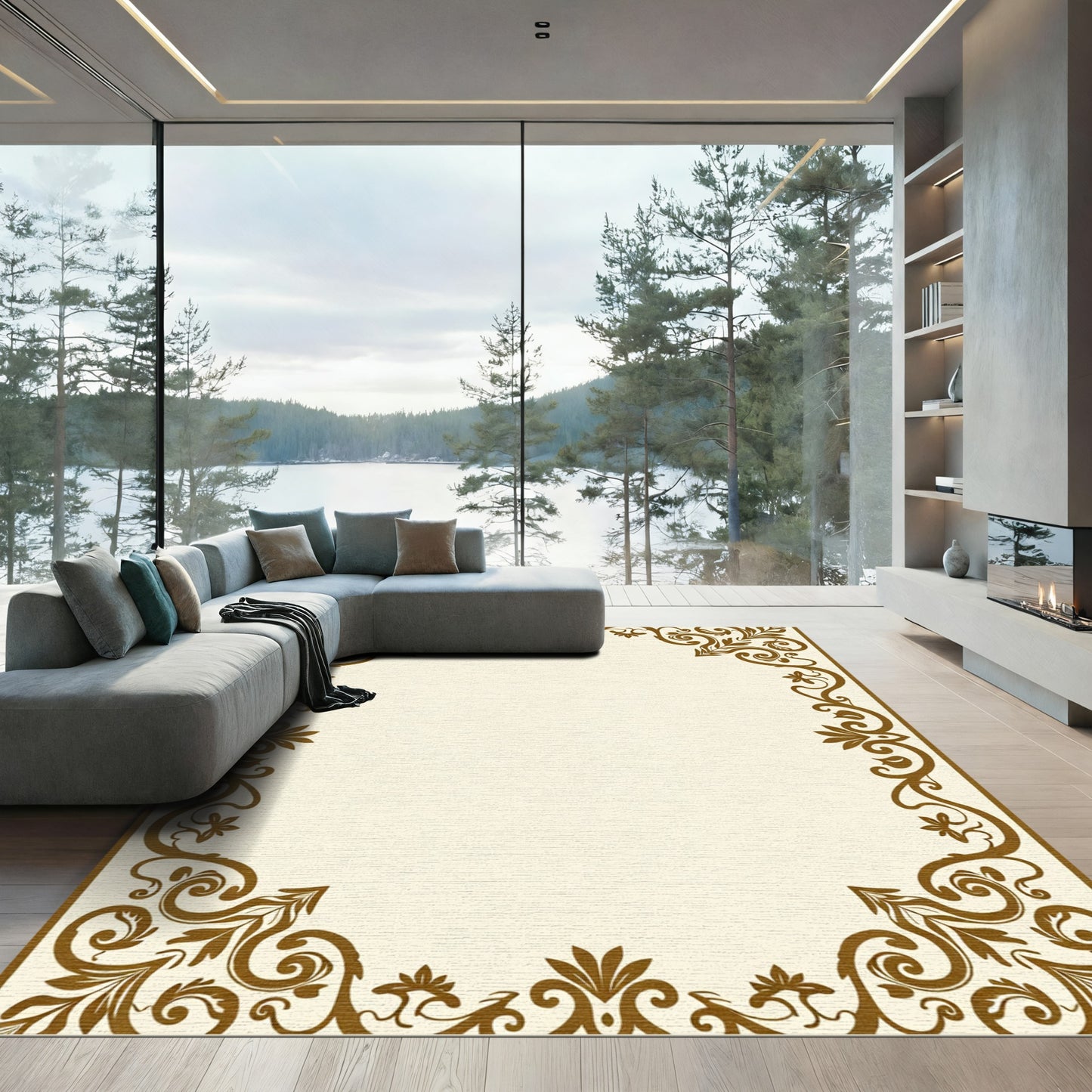 Rich Brown Floral Scroll Border Rug
