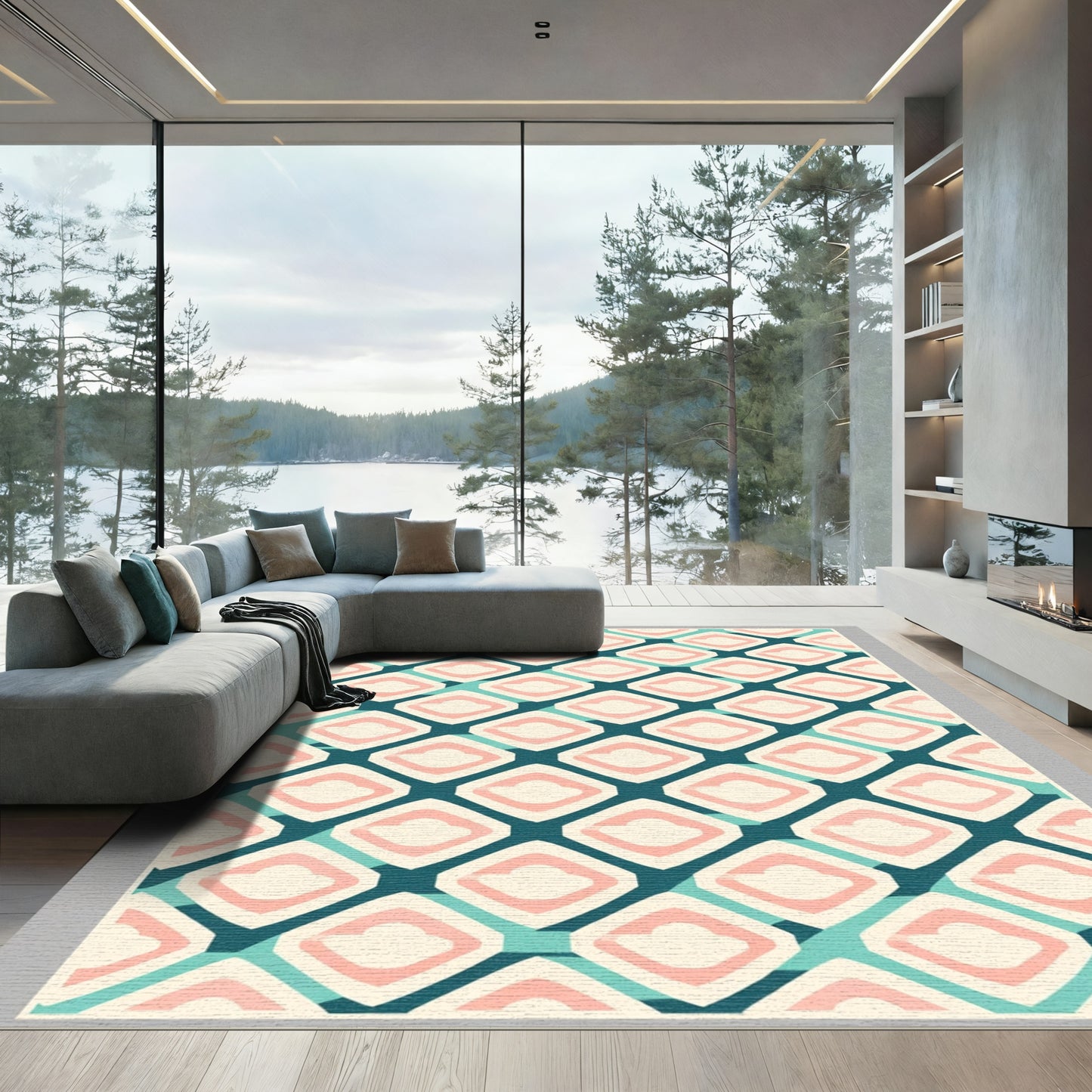 Retro Diamond Cloud Teal Pink Rug