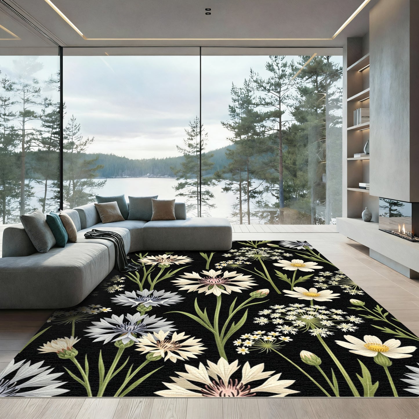 Elegant Botanical Cornflower Meadow on Black Rug