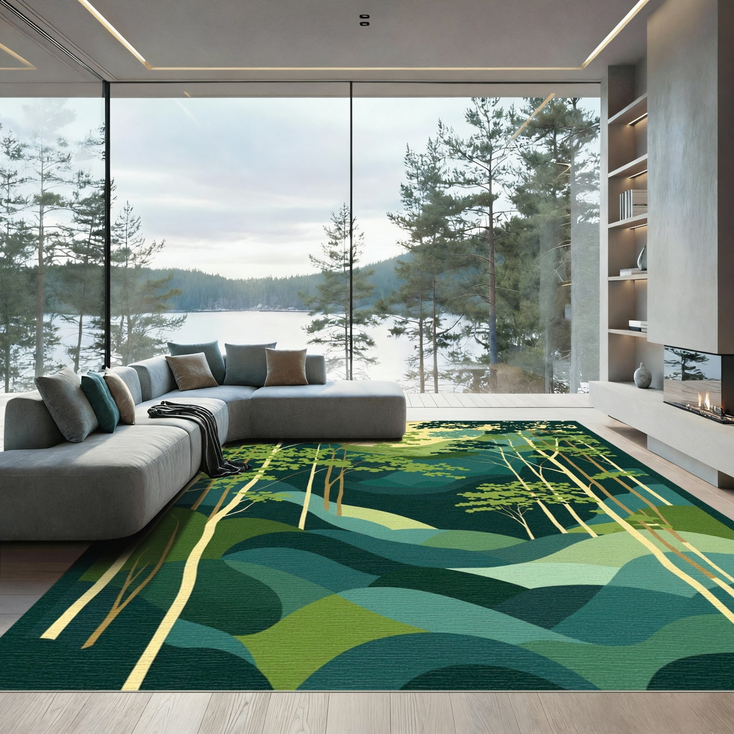 Emerald Forest Landscape Sunlit Hills Rug
