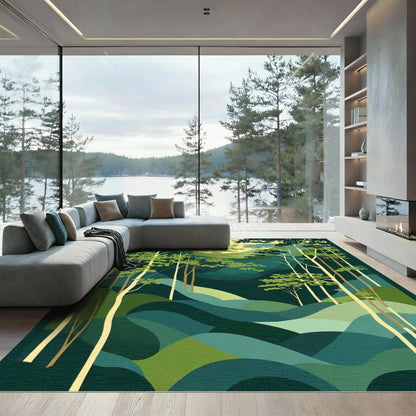 Emerald Forest Landscape Sunlit Hills Rug