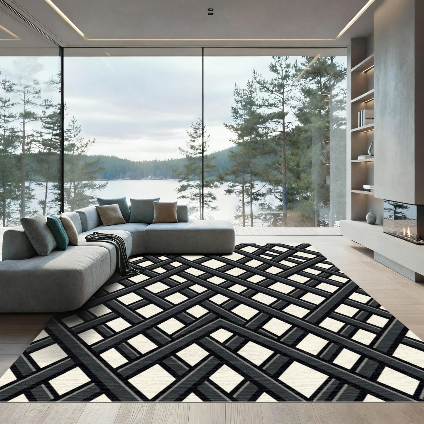 Monochrome Intersecting Diagonal Geometric Grid Rug