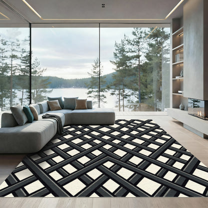 Monochrome Intersecting Diagonal Geometric Grid Rug
