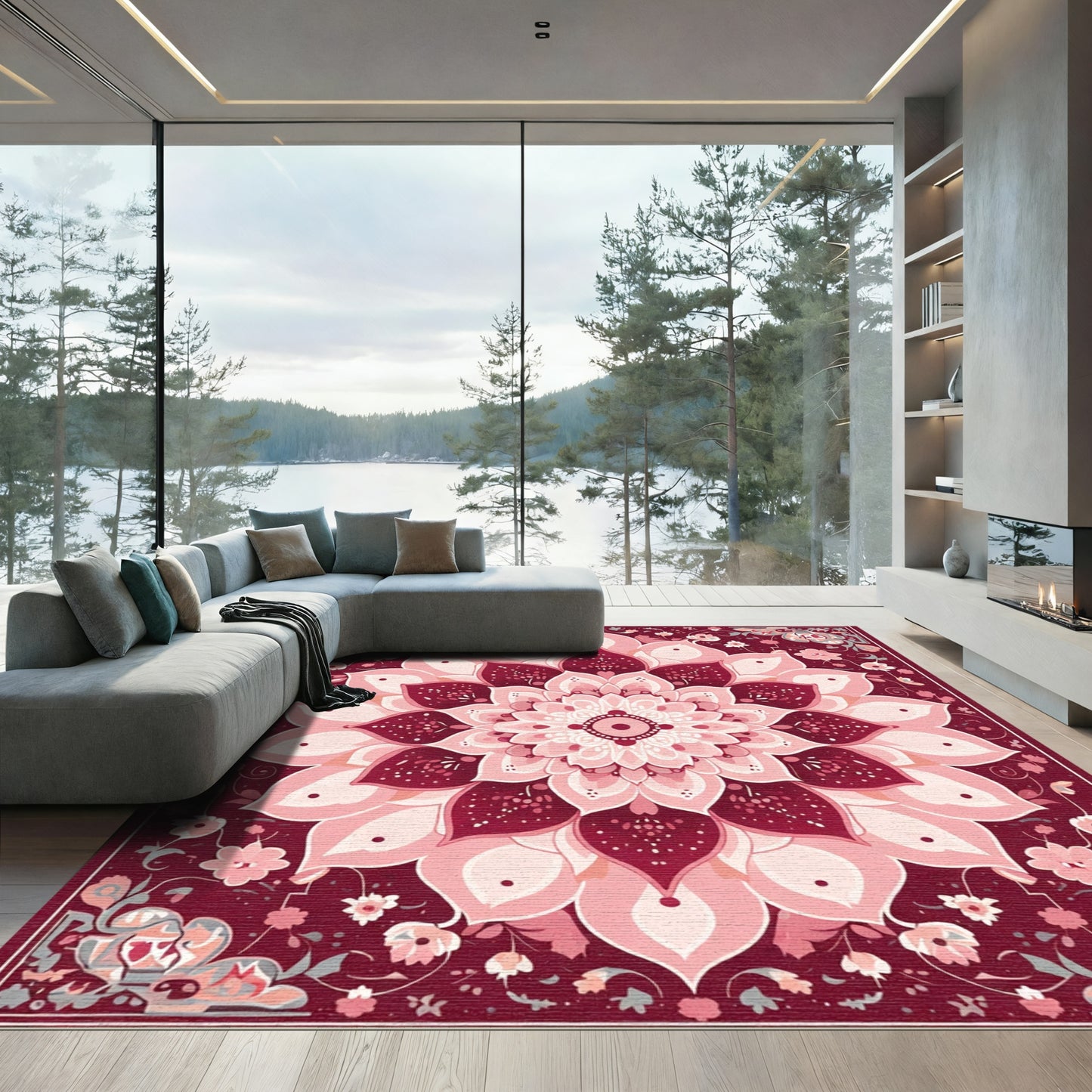 Crimson Floral Radiant Mandala Rug
