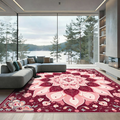 Crimson Floral Radiant Mandala Rug