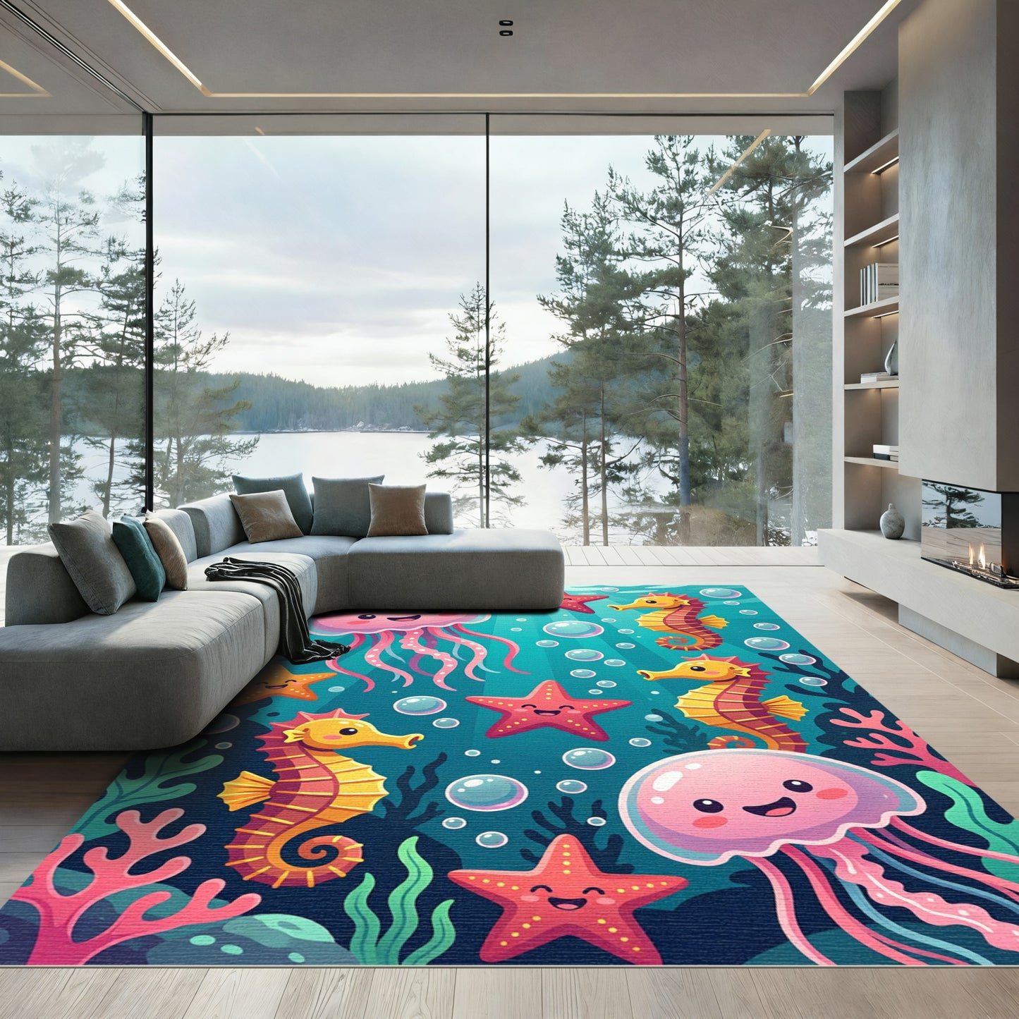 Whimsical Undersea Jellyfish Seahorse Friends Rug