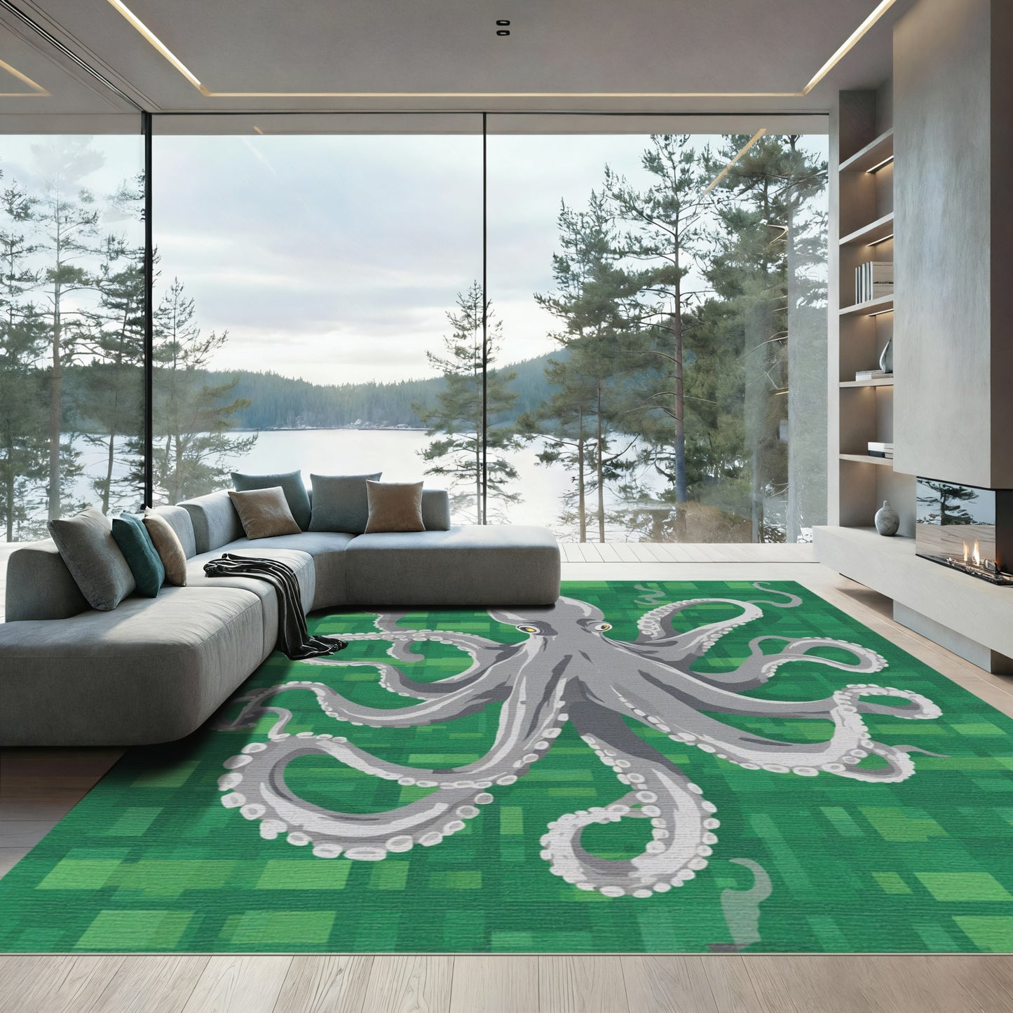 Gray Octopus on Pixelated Green Background Rug