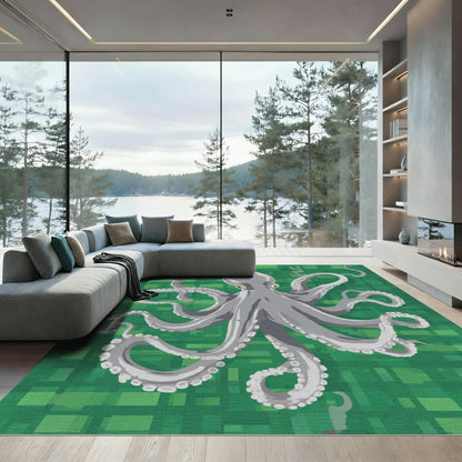 Gray Octopus on Pixelated Green Background Rug