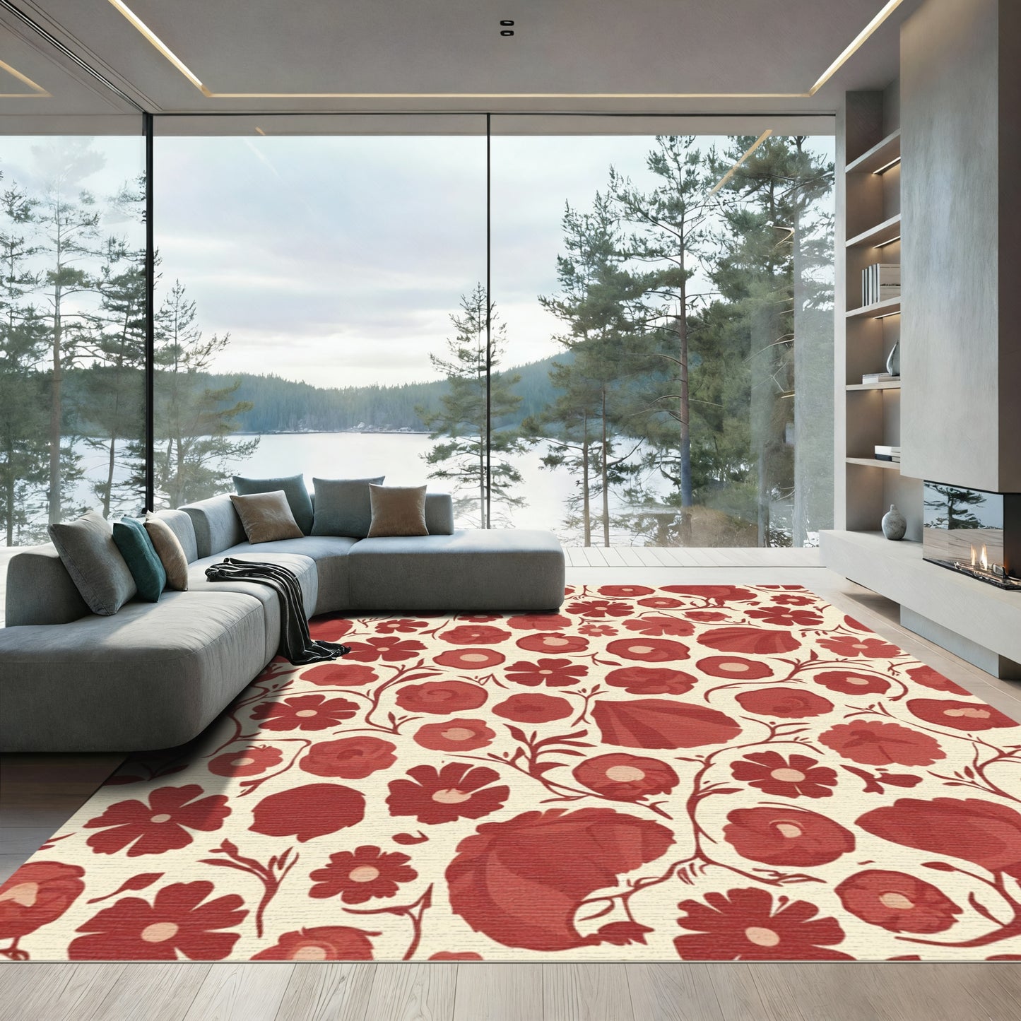 Crimson Floral Vines Cream Background Rug