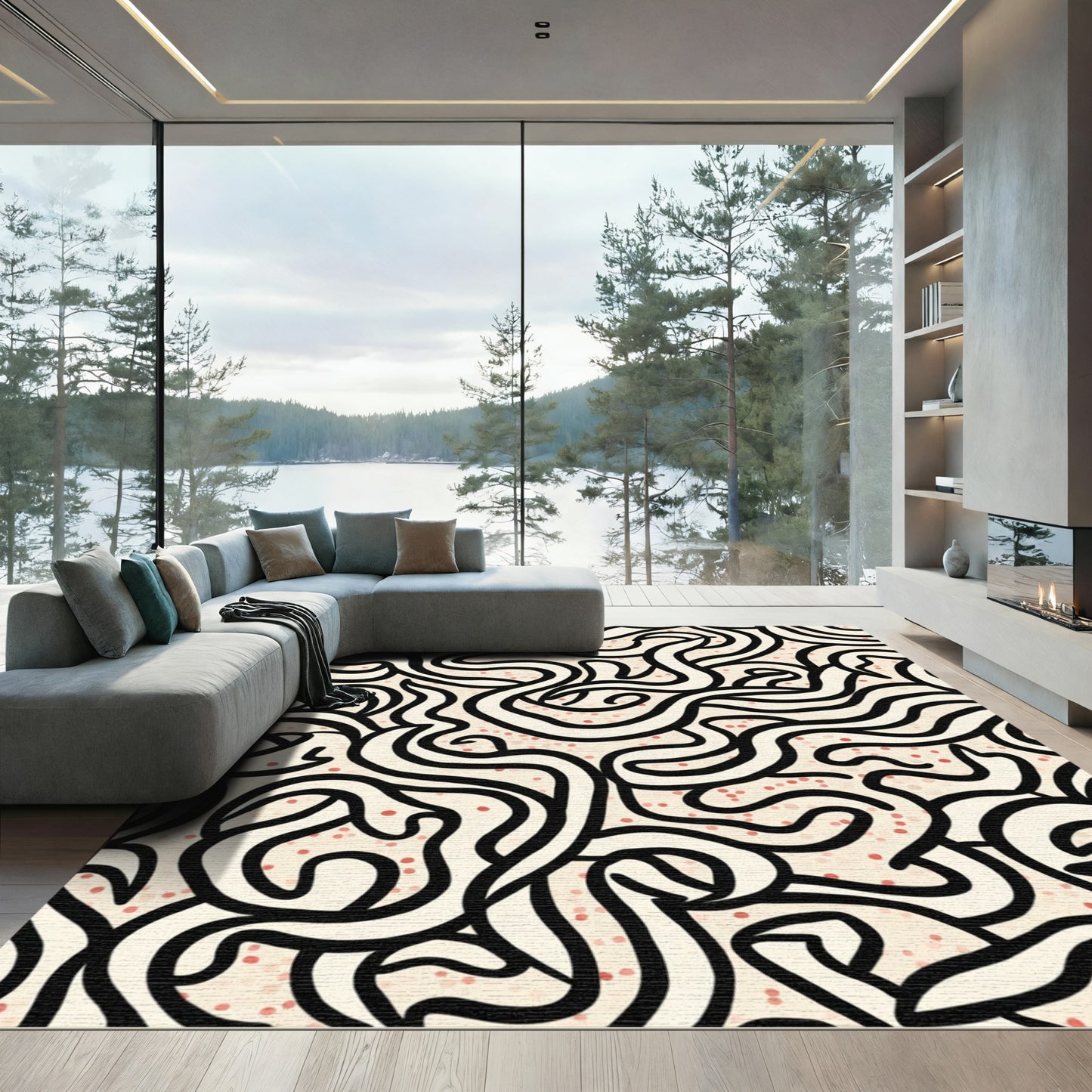 Black Swirl Cream Tiny Dots Rug