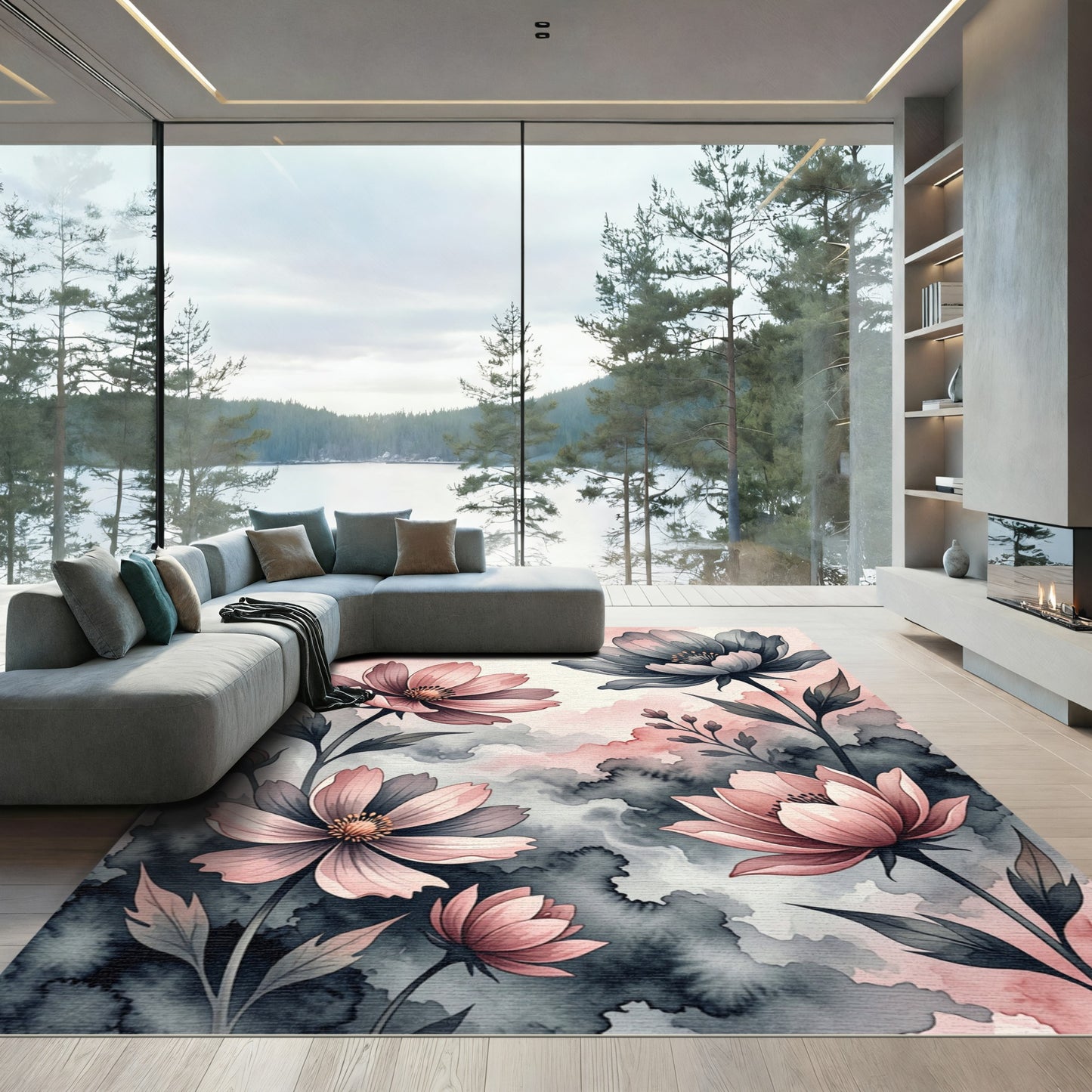 Watercolor Pink and Charcoal Floral Garden Rug