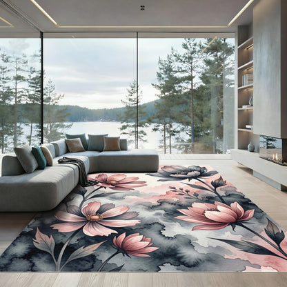 Watercolor Pink and Charcoal Floral Garden Rug