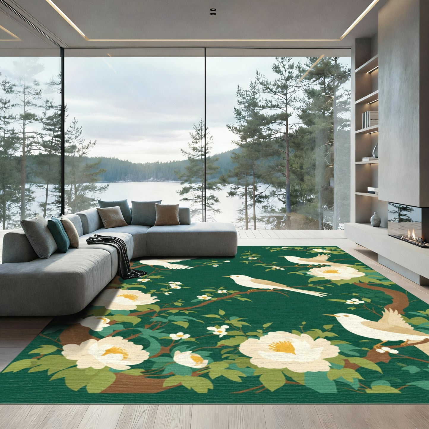Cream Birds White Flowers Dark Green Forest Rug