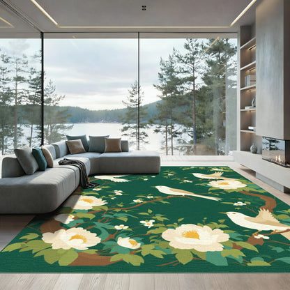 Cream Birds White Flowers Dark Green Forest Rug
