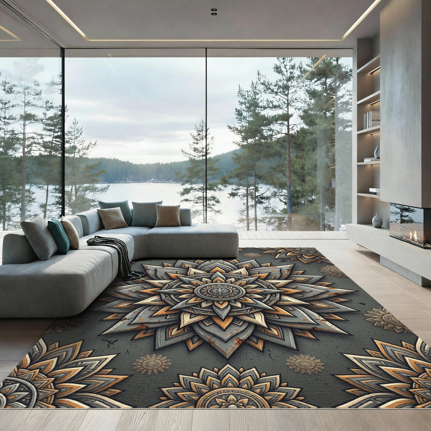 Metallic Gray Golden Lotus Mandala Rug