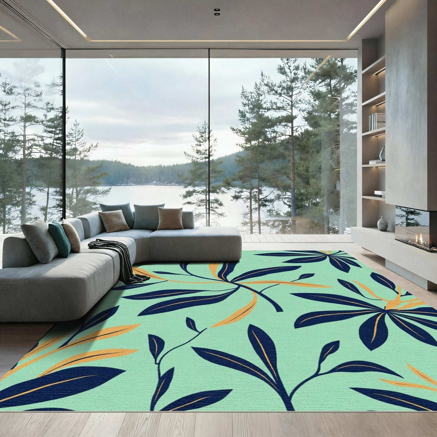 Navy Orange Tropical Floral Collage Rug