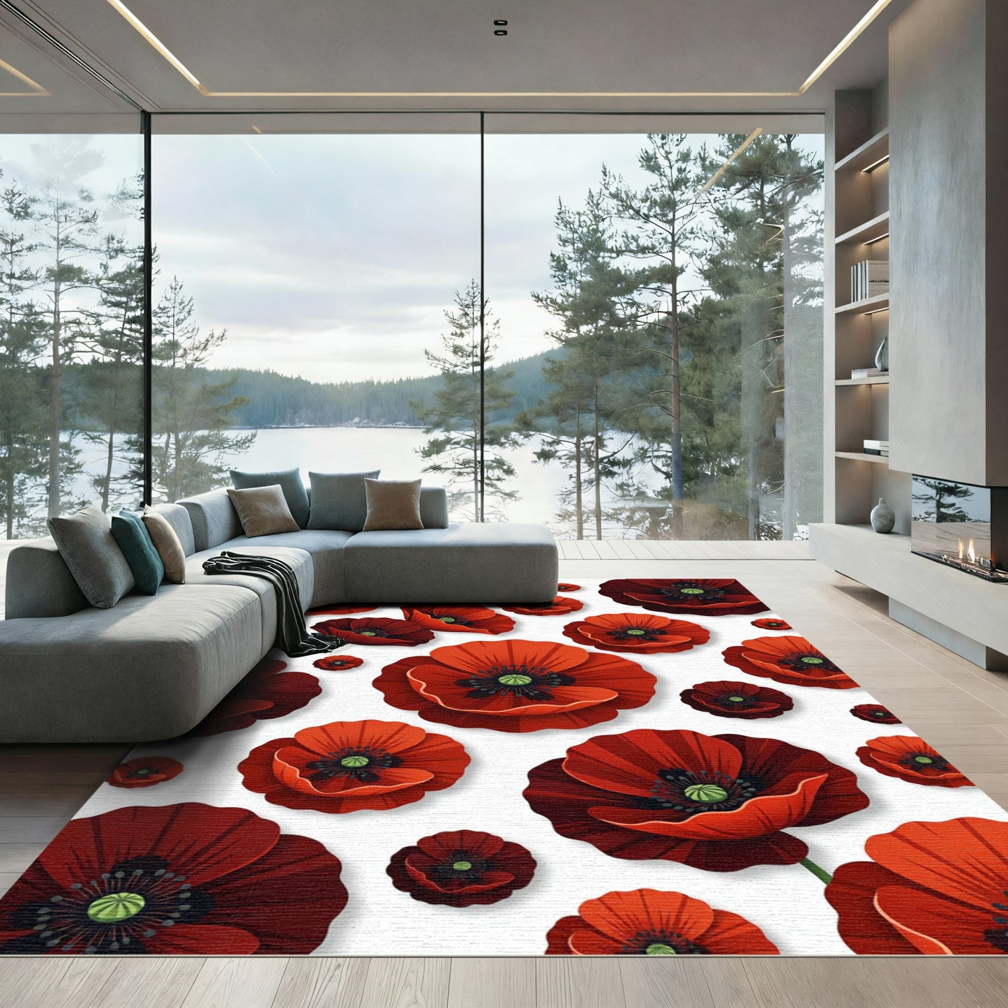 Vibrant Red Poppy Floral Collage Rug