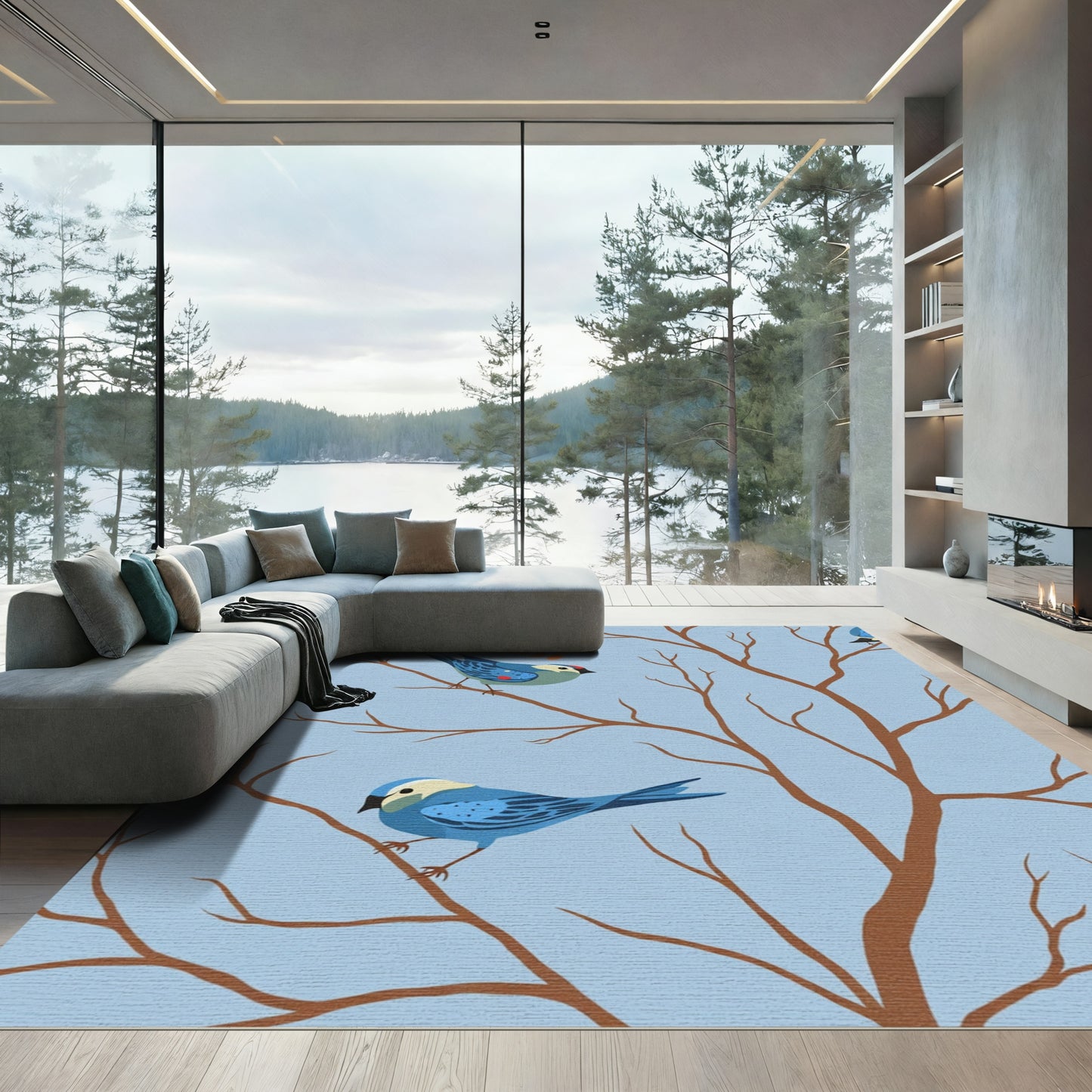 Blue Birds on Bare Branches Rug