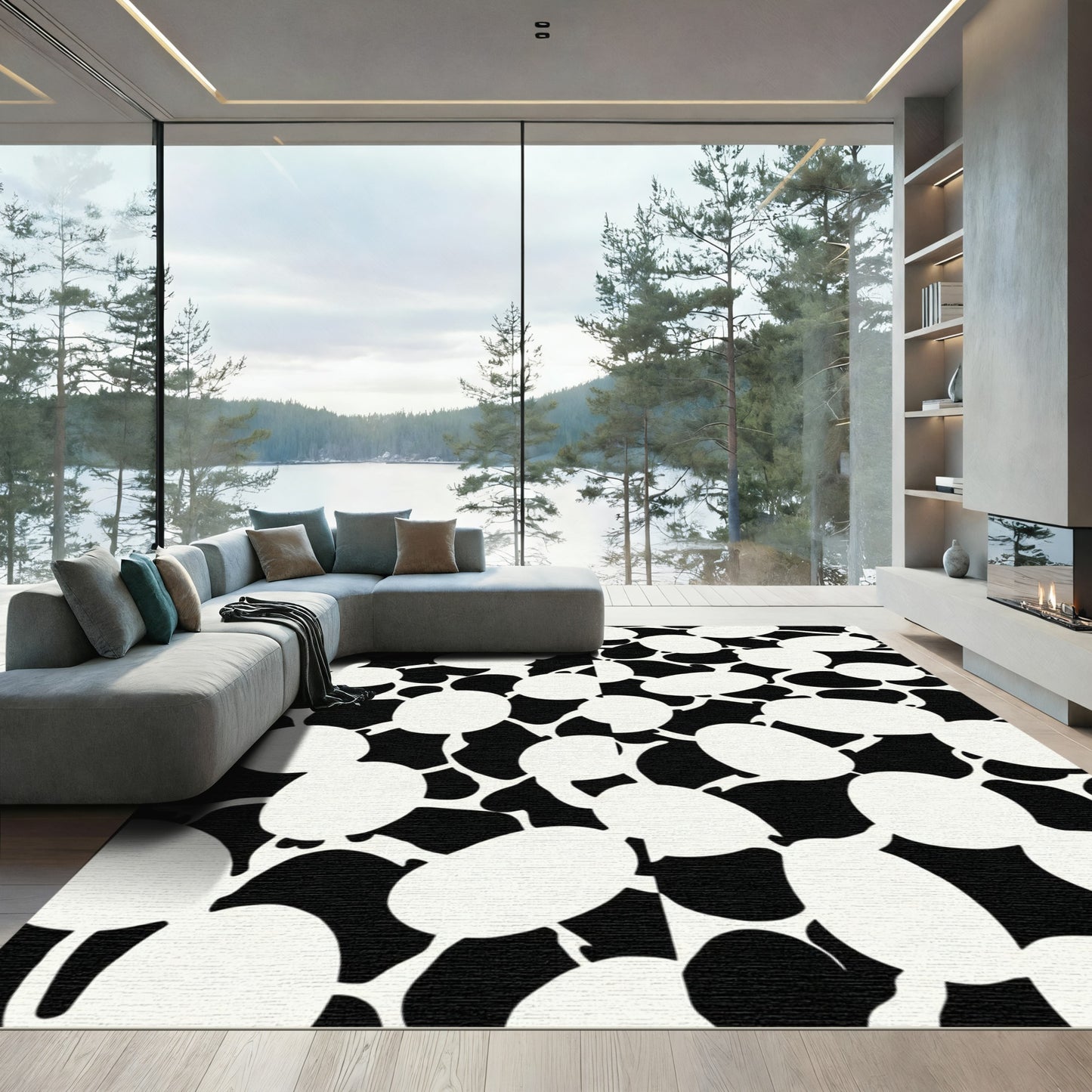 Abstract Black White Organic Forms Rug