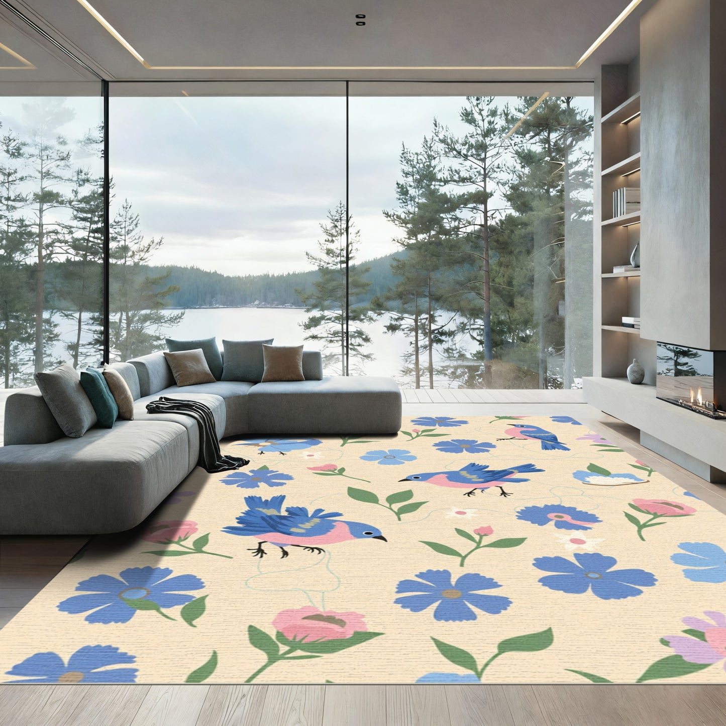 Whimsical Blue Bird Garden Medley Rug