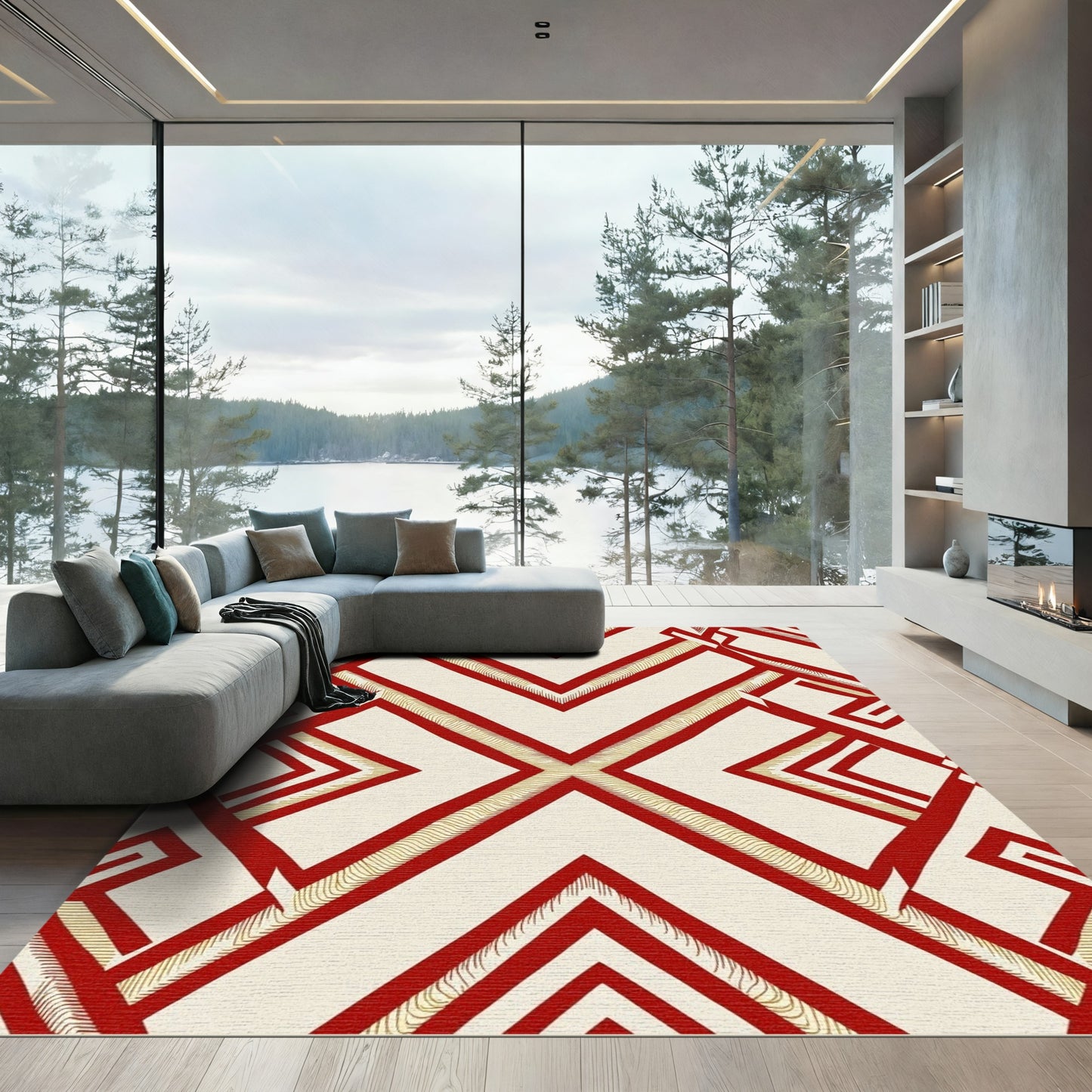 Crimson Gold Geometric Interlocking Shapes Rug