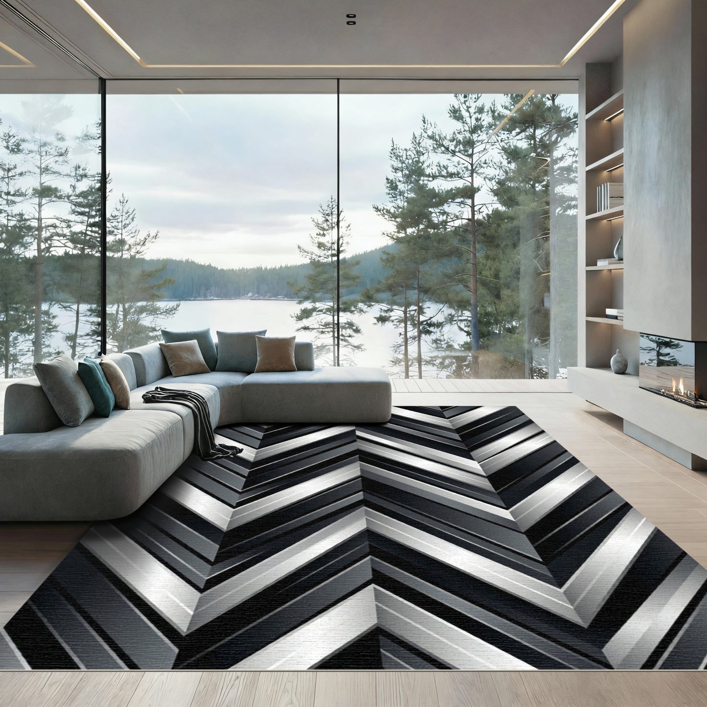 Modern Metallic Silver Chevron Stripe Rug
