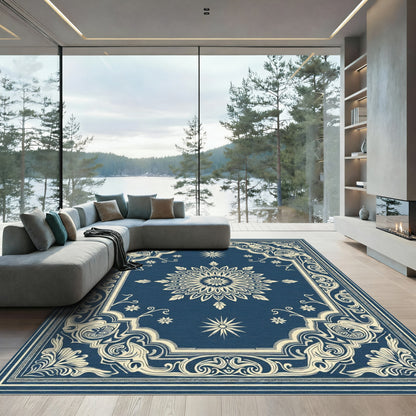 Deep Blue Floral Medallion Scroll Rug