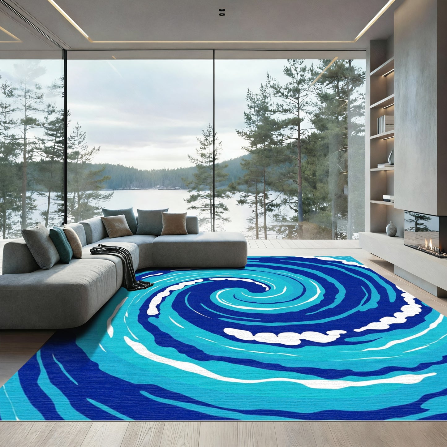 Ocean Blue Swirling Wave Rug