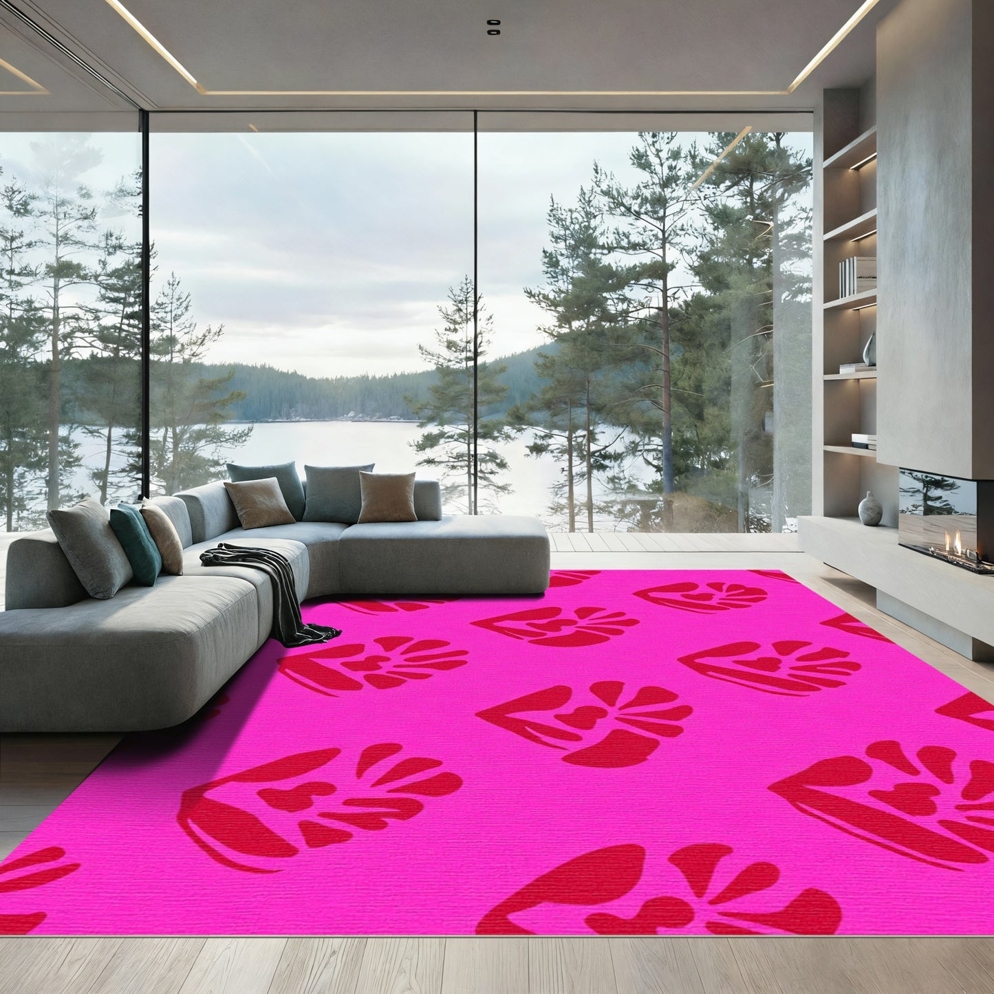 Vibrant Pink Red Floral Imprint Rug