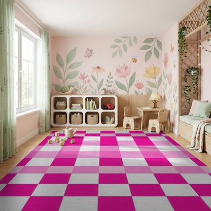 Vibrant Pink White Checkered Grid Rug