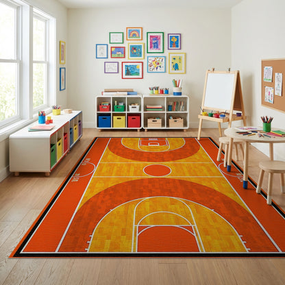 Sporty Orange Basketball Court Pattern Rug