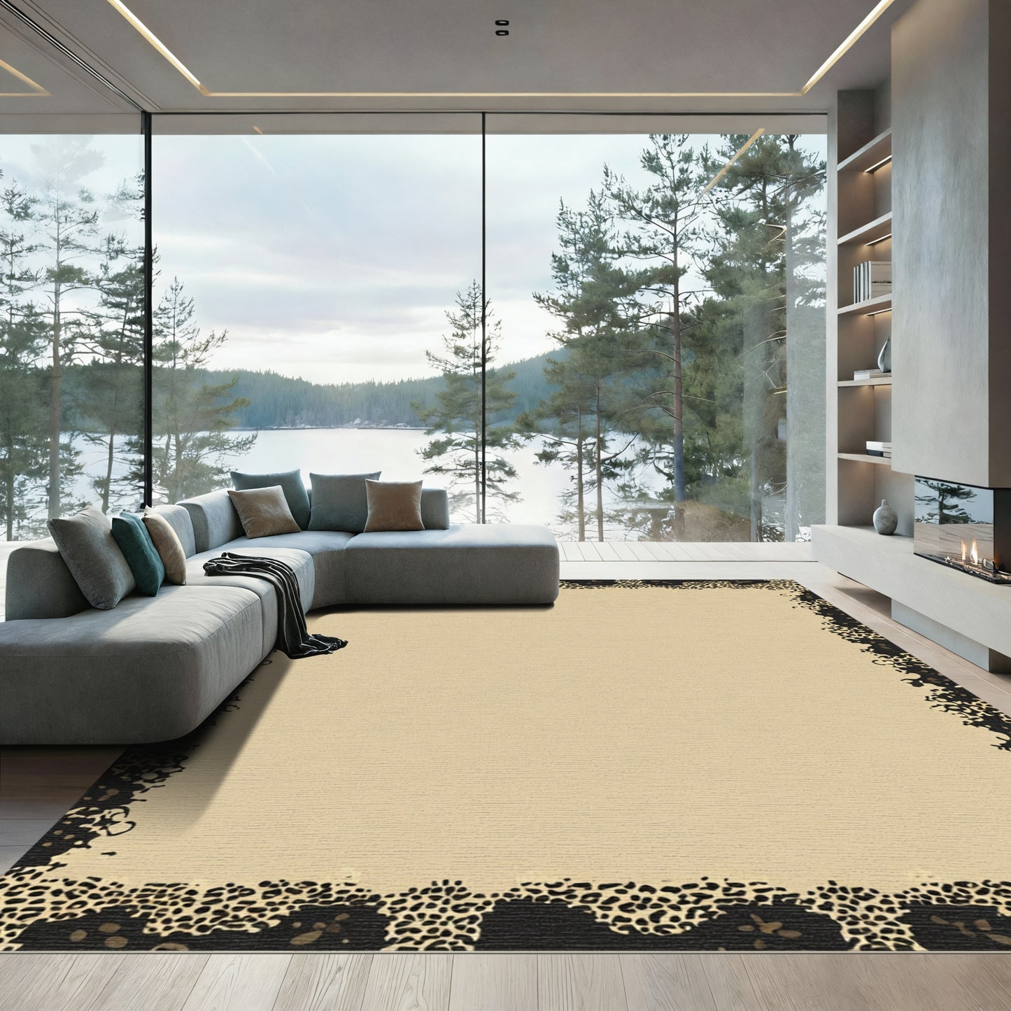 Tan Leopard Animal Print Border Rug